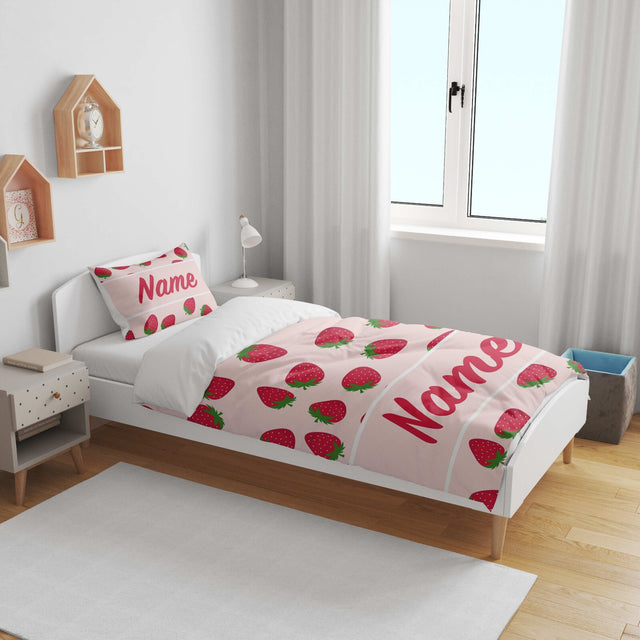 Personalised Custom Name Colour Strawberry Kids Cot Bed Duvet Cover + Pillowcase