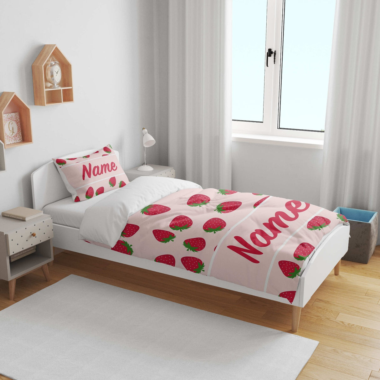 Personalised Custom Name Colour Strawberry Kids Cot Bed Duvet Cover + Pillowcase