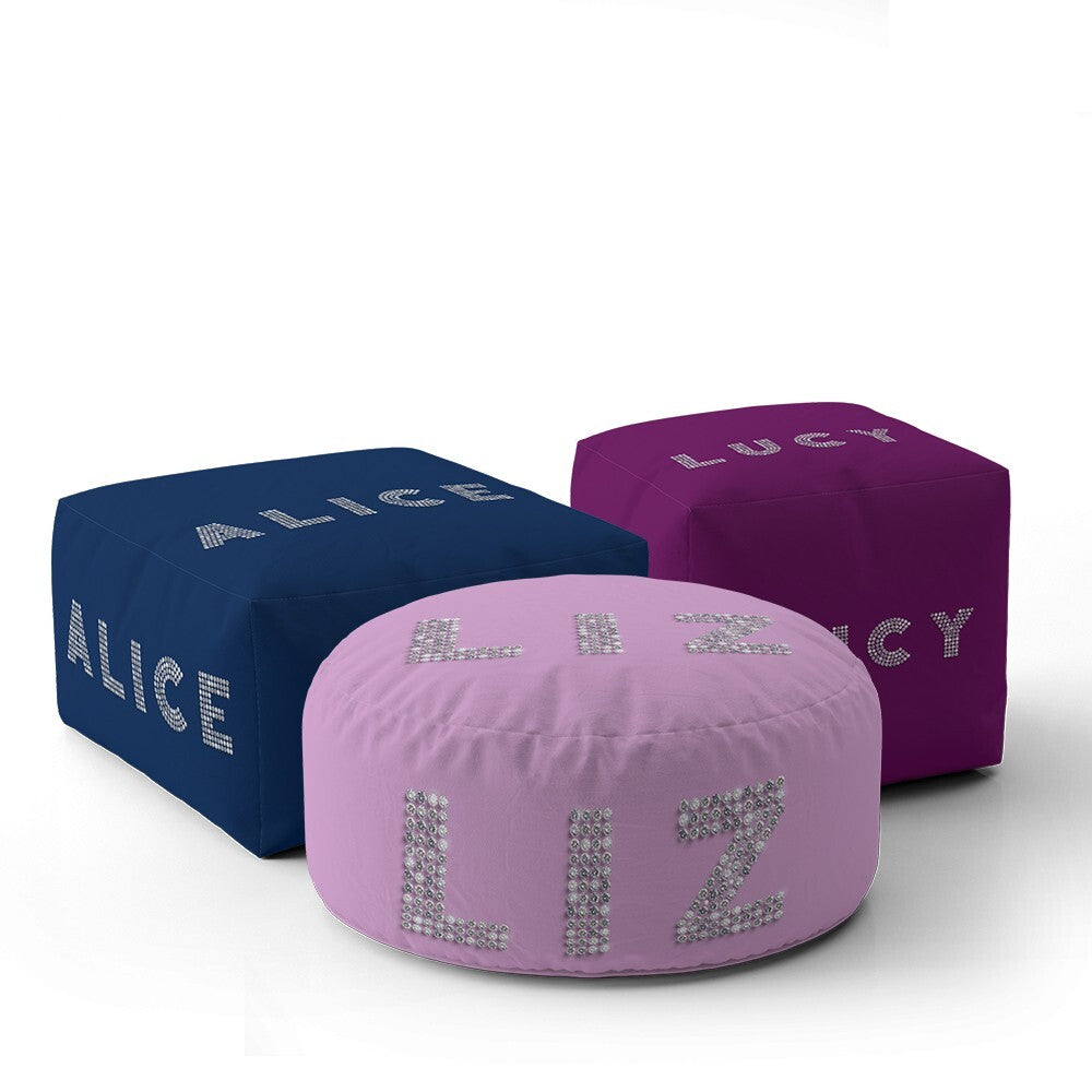 Personalised Any Name Diamond Gems Colour Ottoman Filled Pouffe Washable Cover