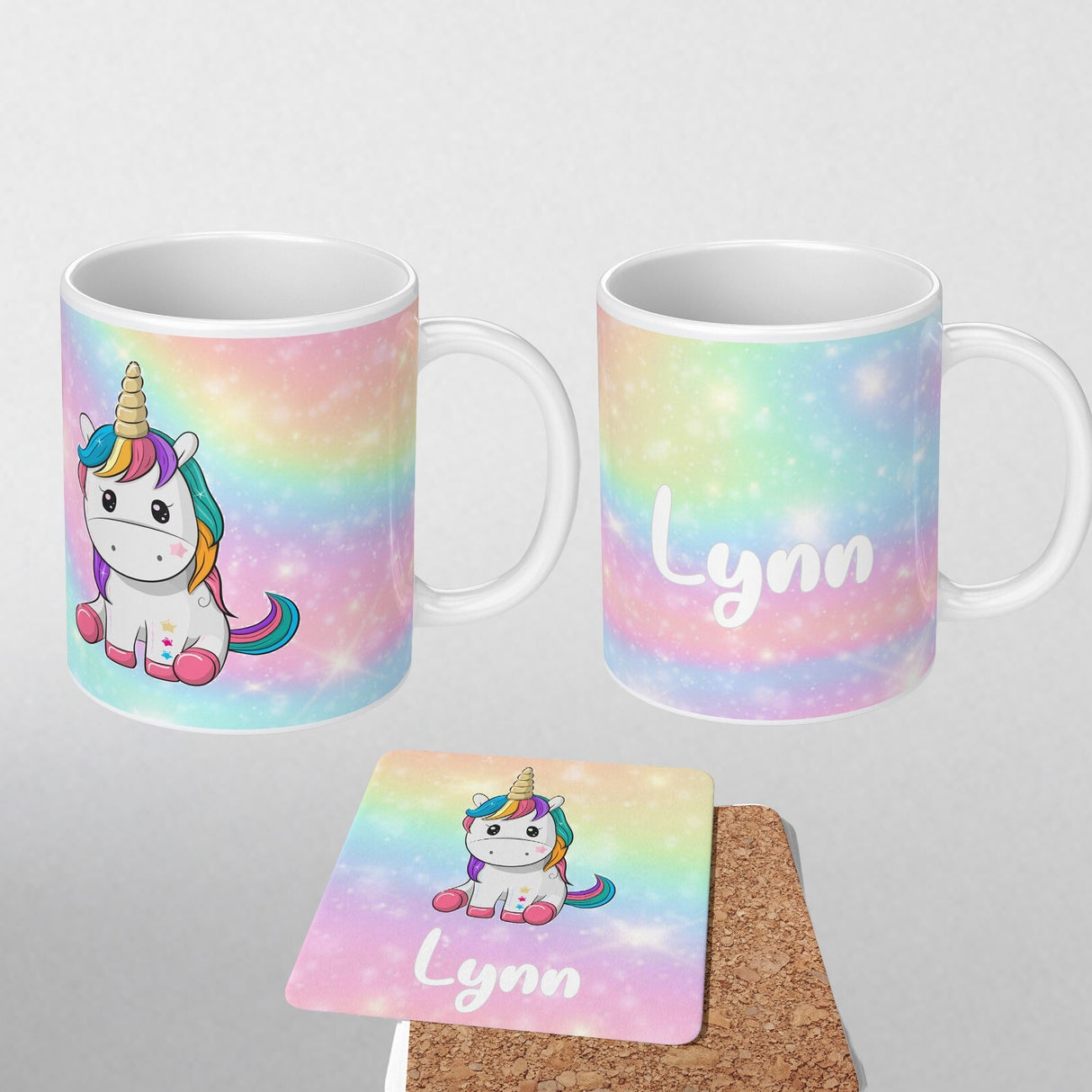 Personalised Custom Name Cute Rainbow Unicorn Mug & Coaster Set Gift for Kids