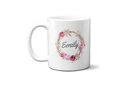 Personalised Name Floral Wreath Coffee Tea Mug Gift 11oz Mug + Coaster