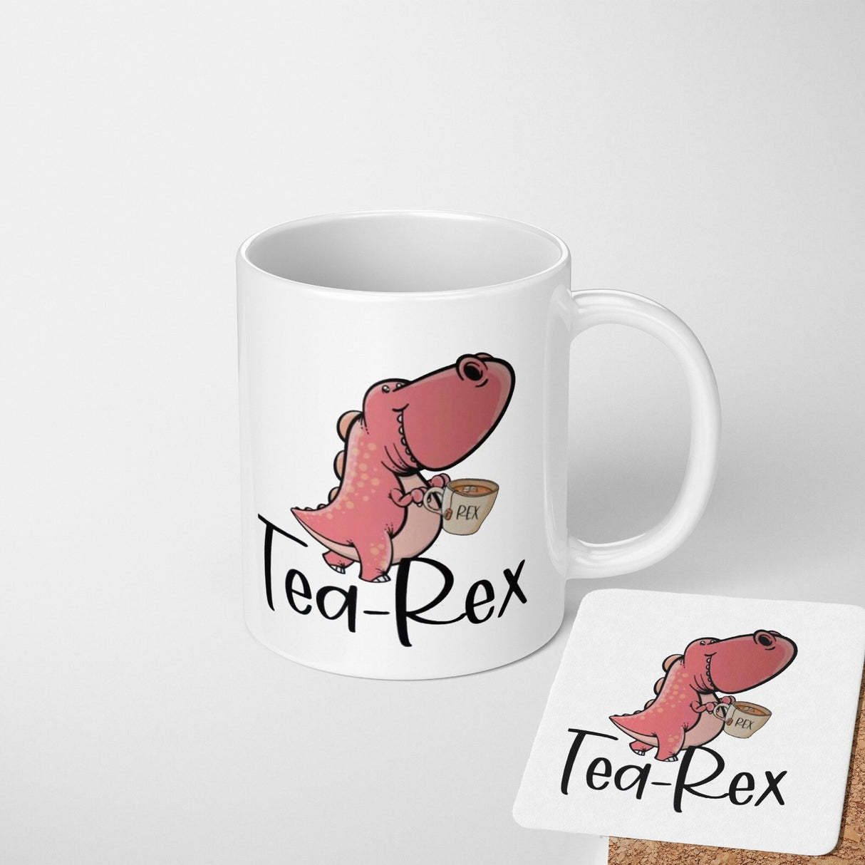 Tea-Rex Dinosaur Novelty Custom Coffee Tea Mug Coaster Set Option Gift Him Her