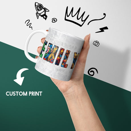 Personalised Superhero Name Mug & Coaster Set Gift for Kids – 11oz Ceramic Cup