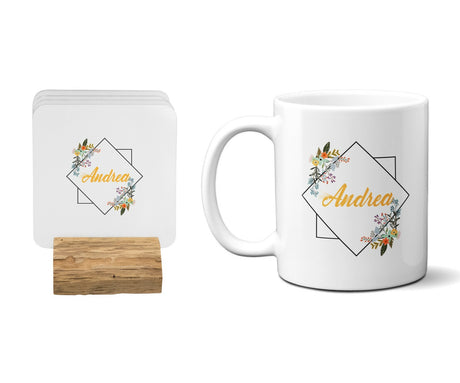 Square Geometric Border Floral Coffee Tea Mug 11oz Mug And Coaster Set Option