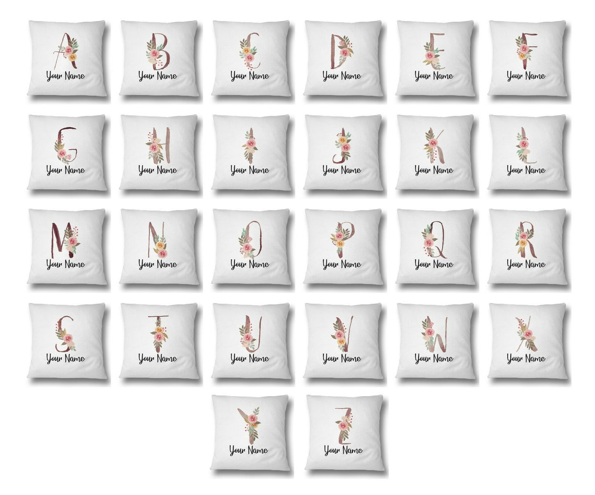 Personalised Floral Watercolour Hand Paint Effect Alphabet Floral Name Cushion