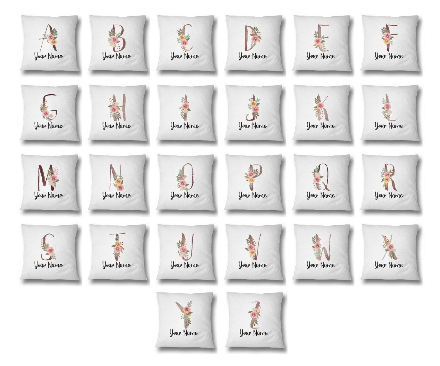 Personalised Floral Watercolour Hand Paint Effect Alphabet Floral Name Cushion