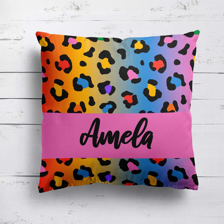 Personalised Name Leopard Spots Print Multicolour Square Fill Zip Cushion Throw