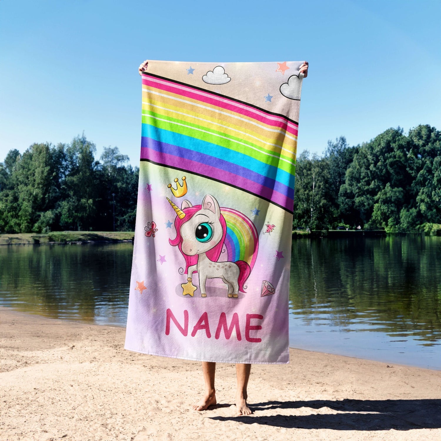 Personalised Name Unicorn Rainbow Fantasy Soft Absorbent Beach Bath Sheet Towel