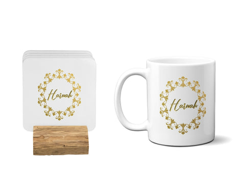 Personalised Name Wreath Gold Coffee Tea Mug Gift 11oz Mug + Coaster