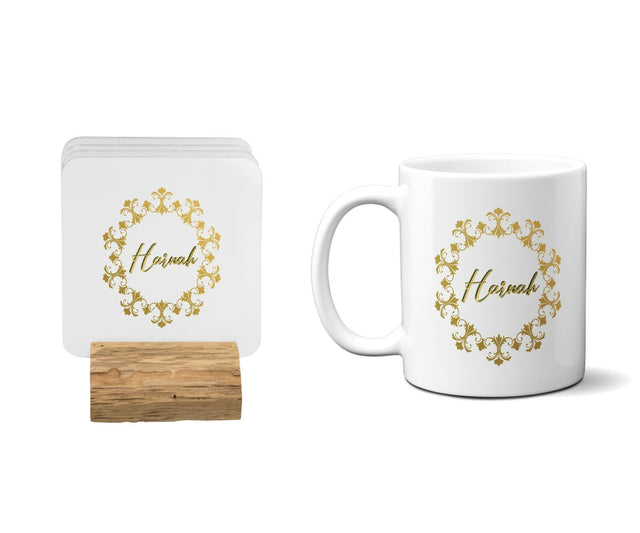 Personalised Name Wreath Gold Coffee Tea Mug Gift 11oz Mug + Coaster