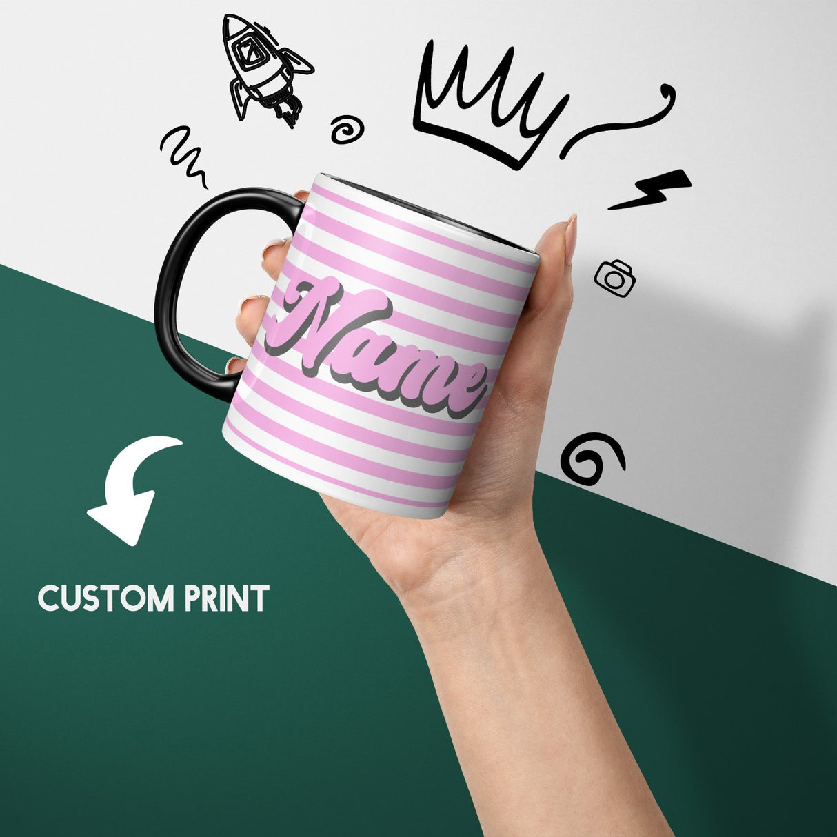 Personalised Custom Name  Stripe Retro Font Heat Sensitive Colour Changing Mug