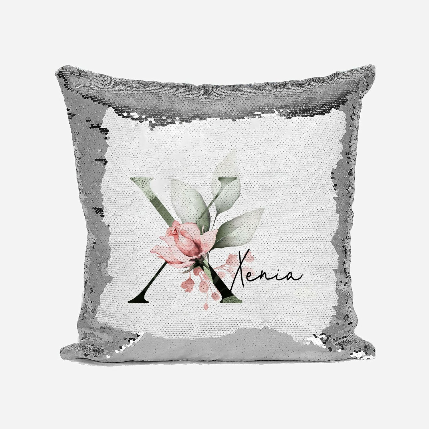 Personalised Gentle Botanical Blush Sequin Magic Cushion Cover + Pillow Kids