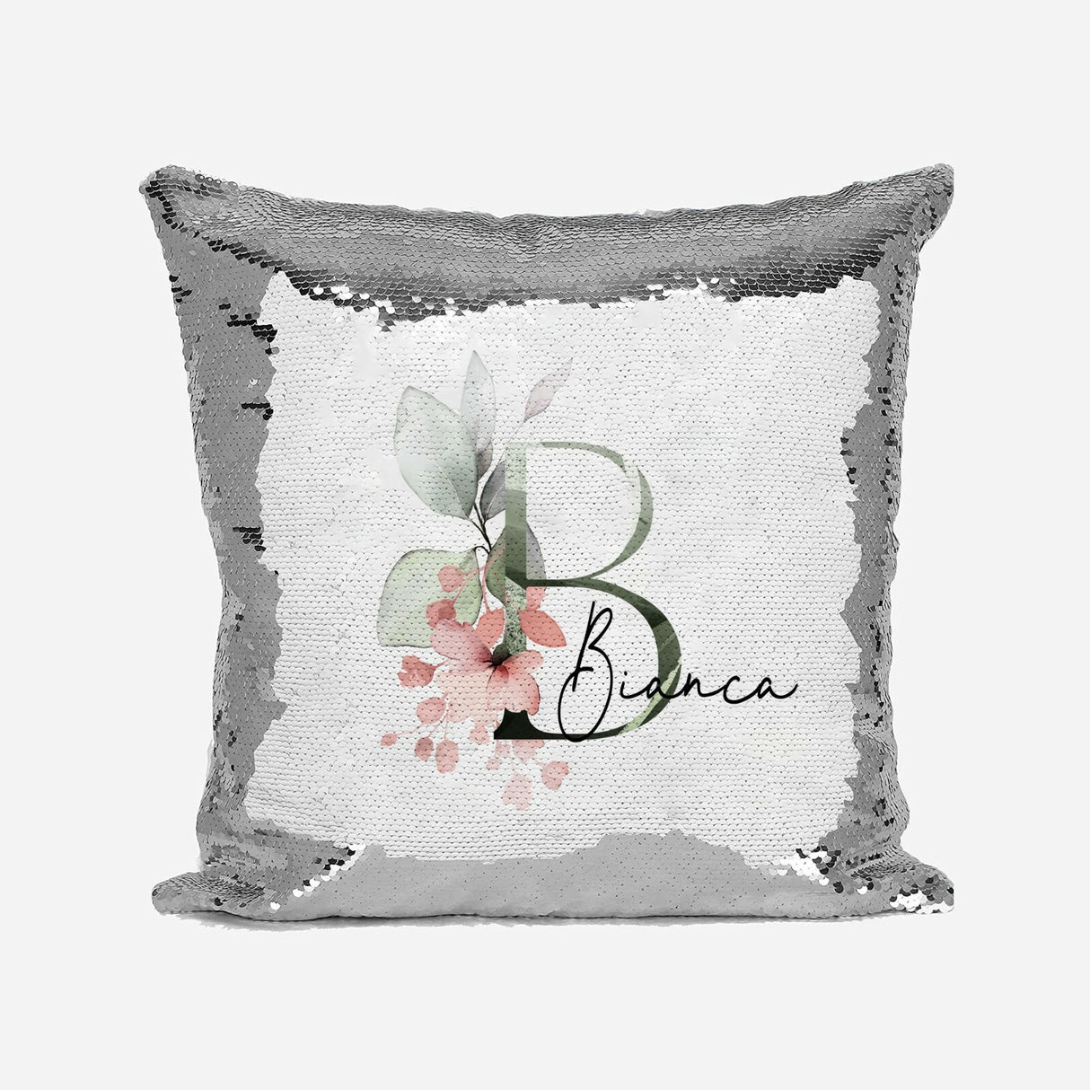 Personalised Gentle Botanical Blush Sequin Magic Cushion Cover + Pillow Kids