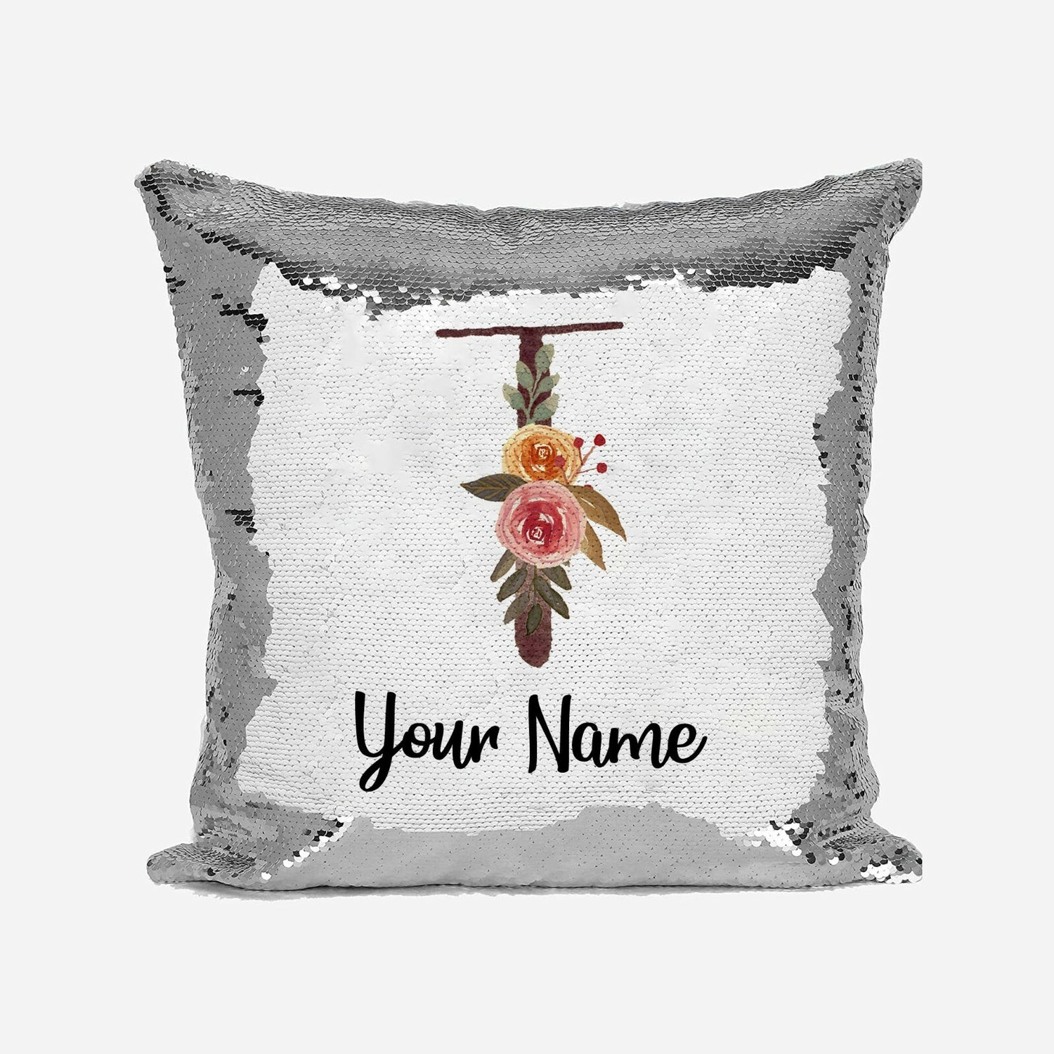 Personalised Floral Watercolour Effect Alphabet Sequin Magic Cushion + Pillow