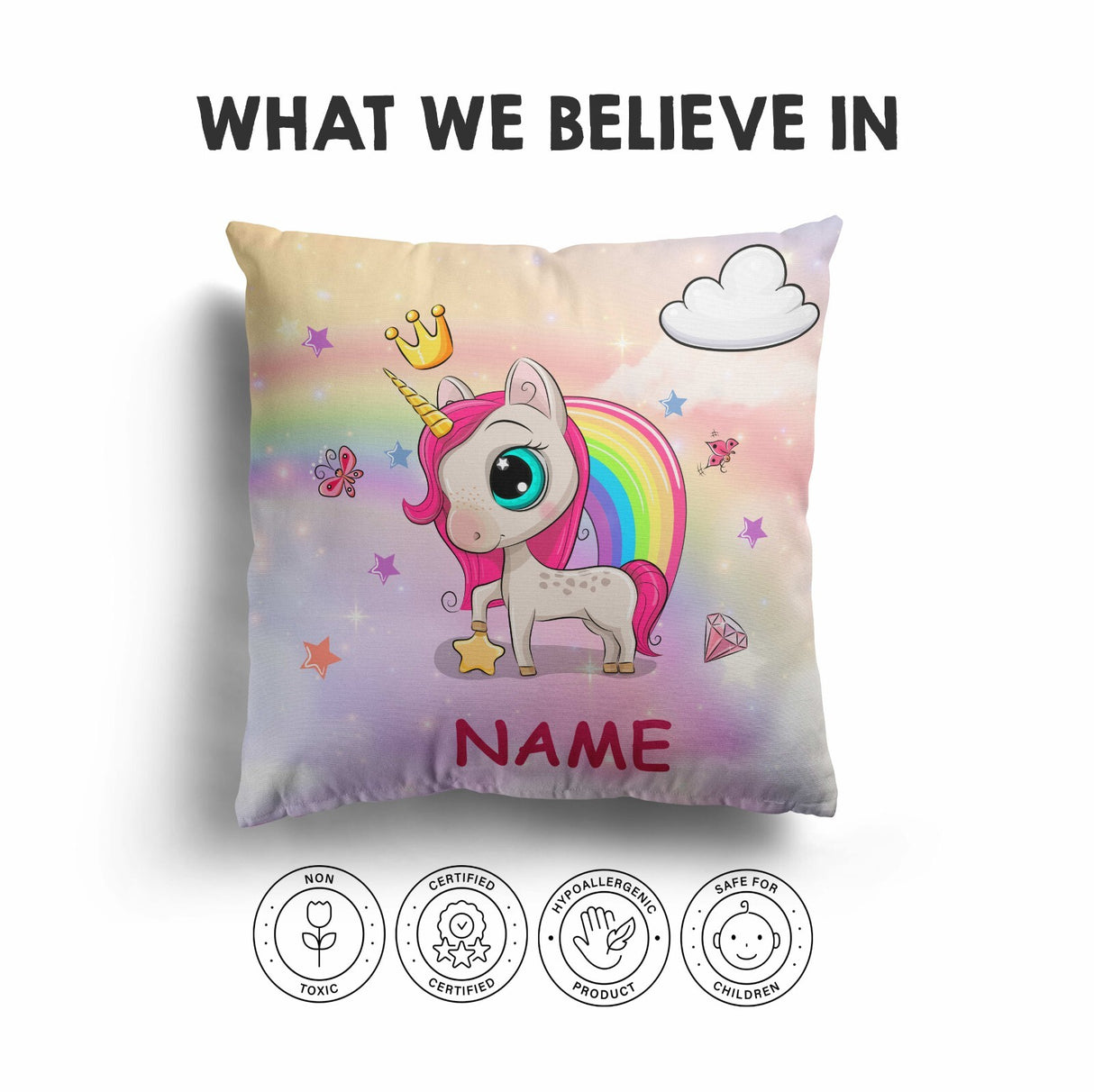 Personalised Name Unicorn Rainbow Mythical Kids Square Fill Zipped Cushion Throw
