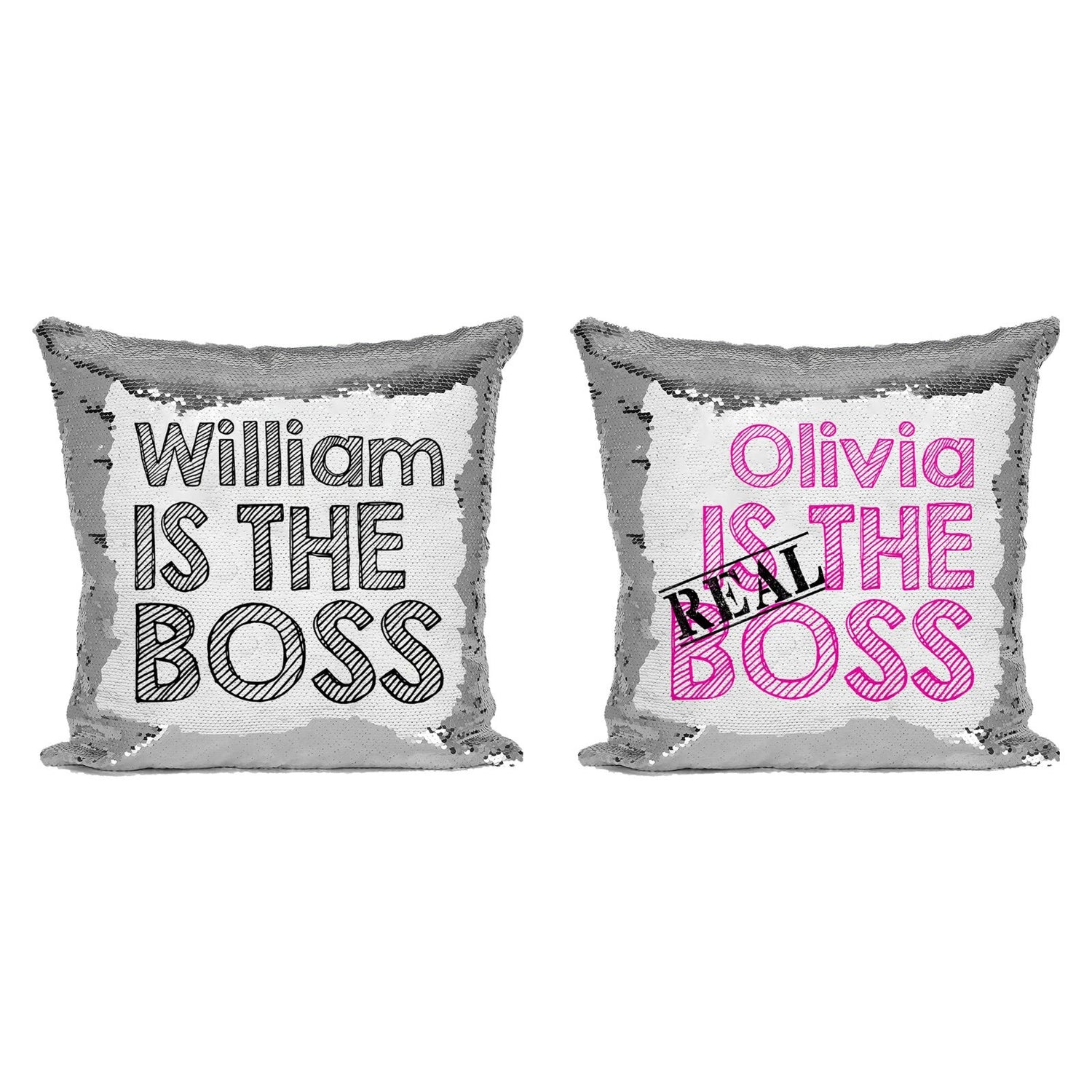 Set of 2 His & Hers Boss Personalised Name Sequin Magic Cushion Cover + Pillow