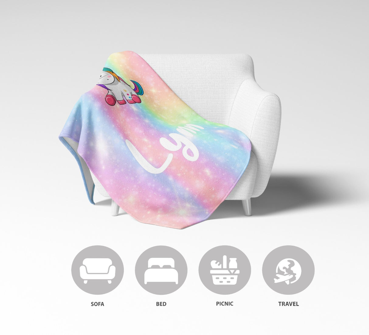 Personalised Custom Name Rainbow Unicorn Kids Novelty Warm Fleece Blanket Decor