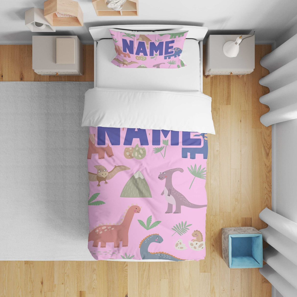 Personalised Custom Name Dinosaurs Clip Art Kid Cot Bed Duvet Cover + Pillowcase