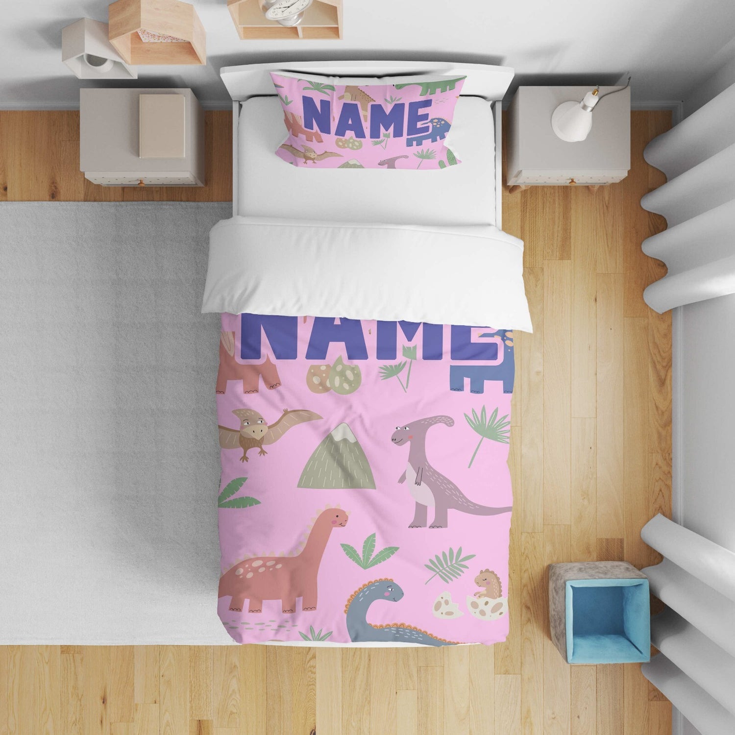 Personalised Custom Name Dinosaurs Clip Art Kid Cot Bed Duvet Cover + Pillowcase