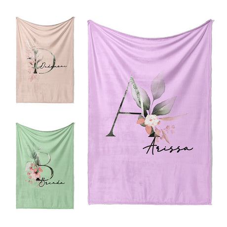 Personalised Name Botanical Blush Initial Letter Soft Warm Fleece Blanket Decor