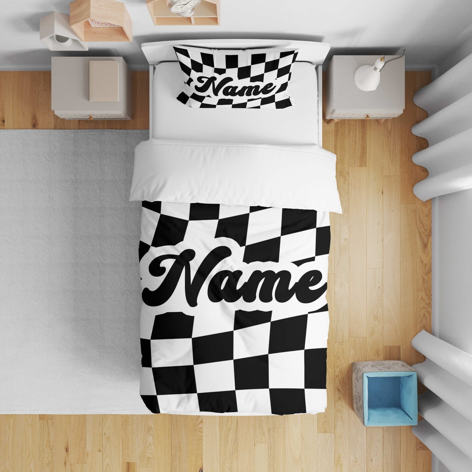 Personalised Custom Name Retro Vans Check Kids Cot Bed Duvet Cover + Pillowcase