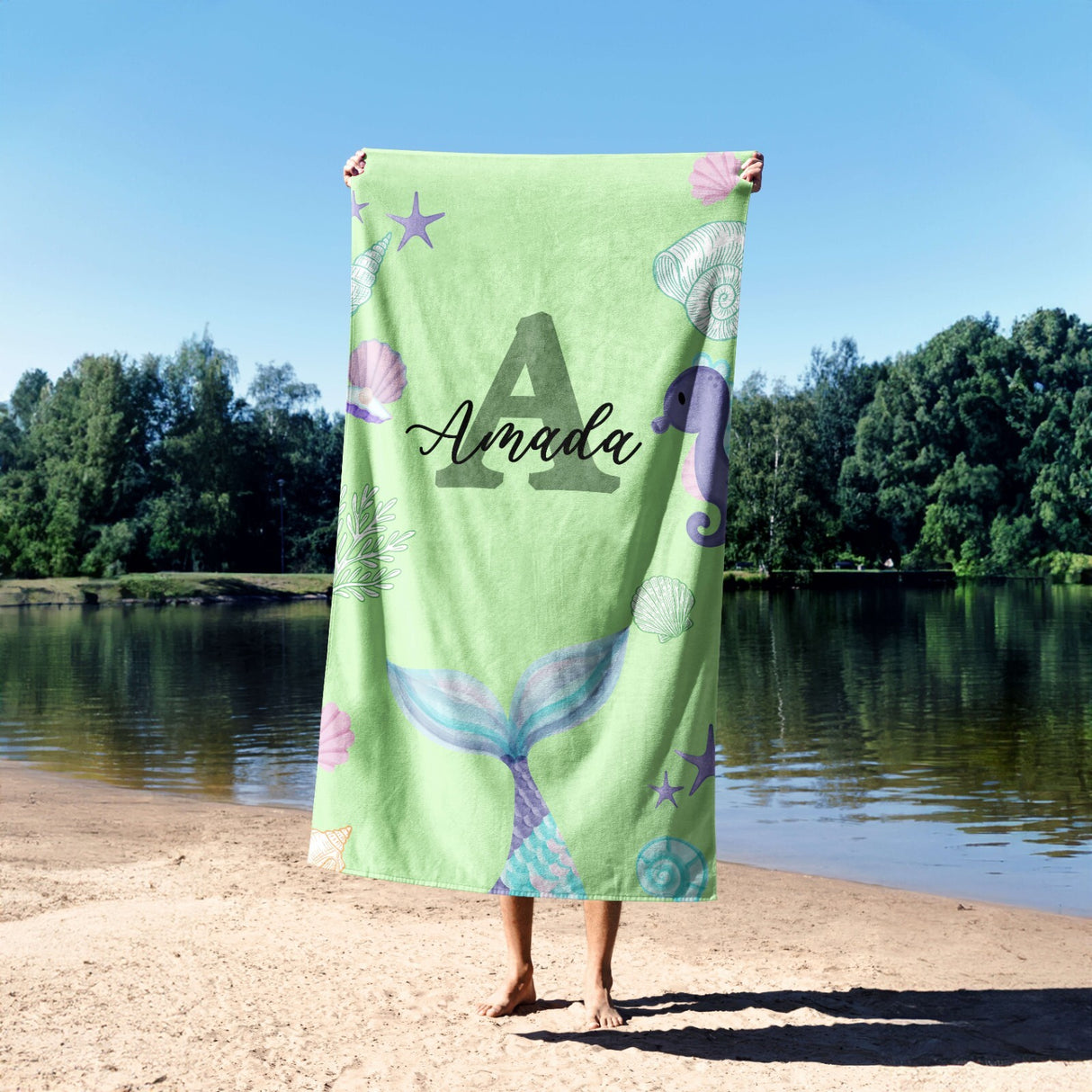 Personalised Name Mermaid Tail Monogram Soft Absorbent Beach Bath Sheet Towel