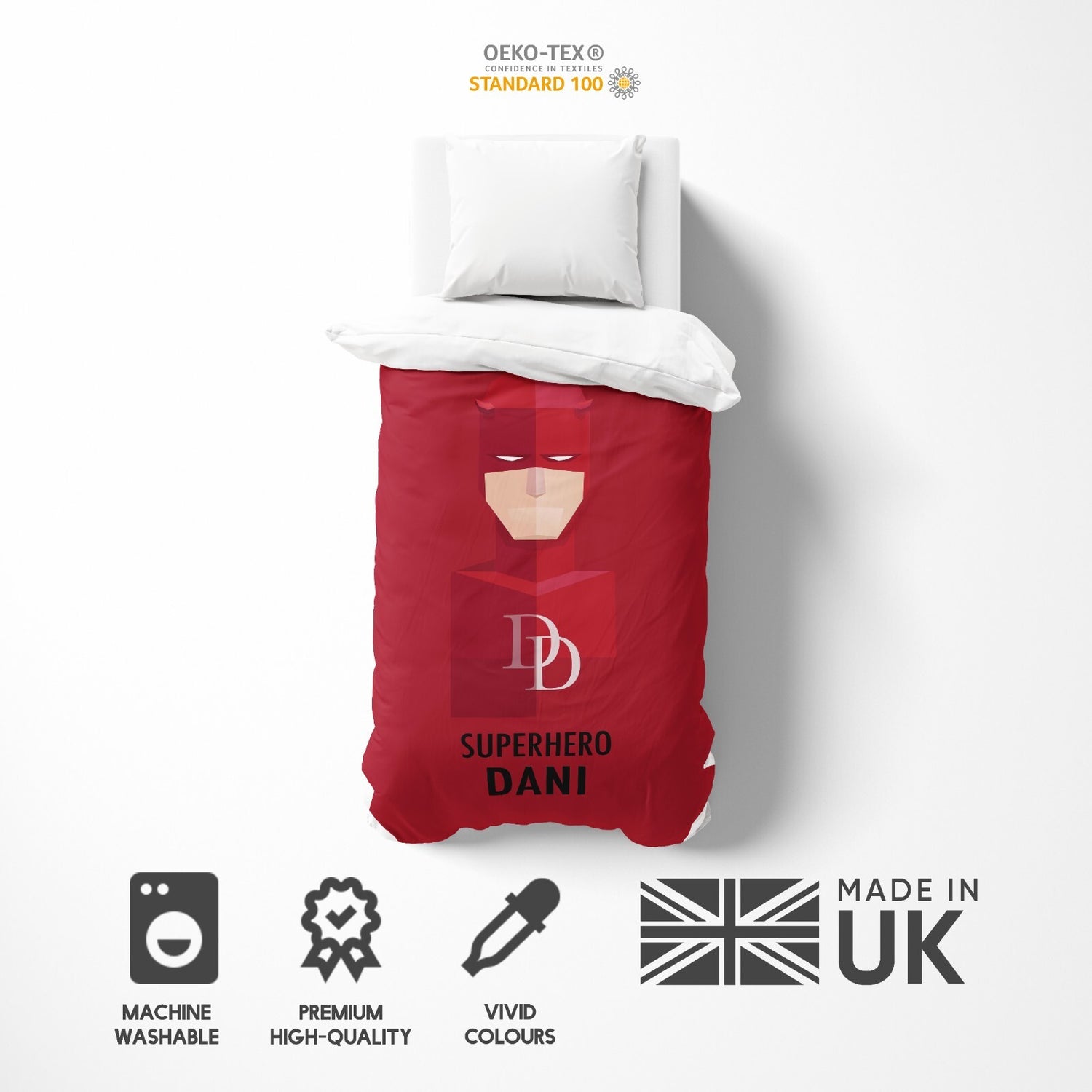 Superhero Personalised Name Custom Colour Single Bed Duvet Cover Pillowcase Set