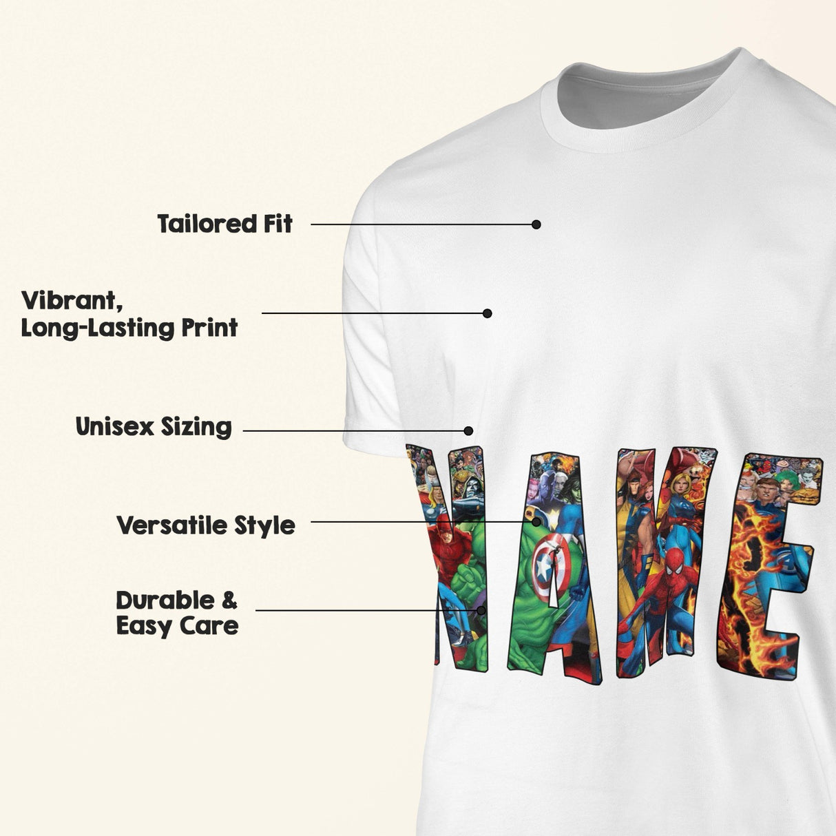 Marvel Design Custom Name T-Shirt Unisex All-Over Printed, Choose Your Colour
