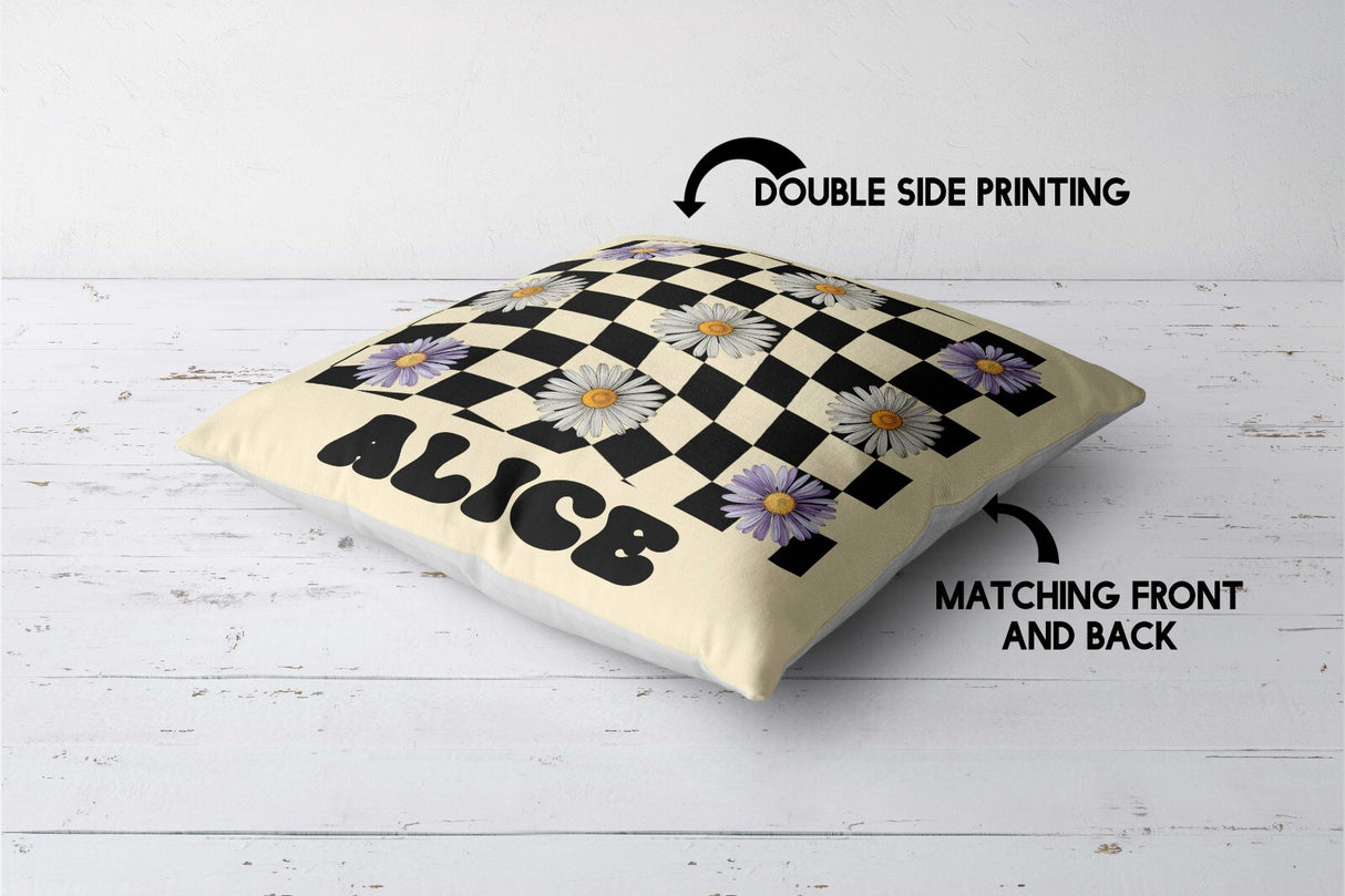 Personalised Custom Name Colour Retro Daisy Check Square Fill Zip Cushion Throw