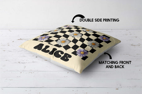 Personalised Custom Name Colour Retro Daisy Check Square Fill Zip Cushion Throw