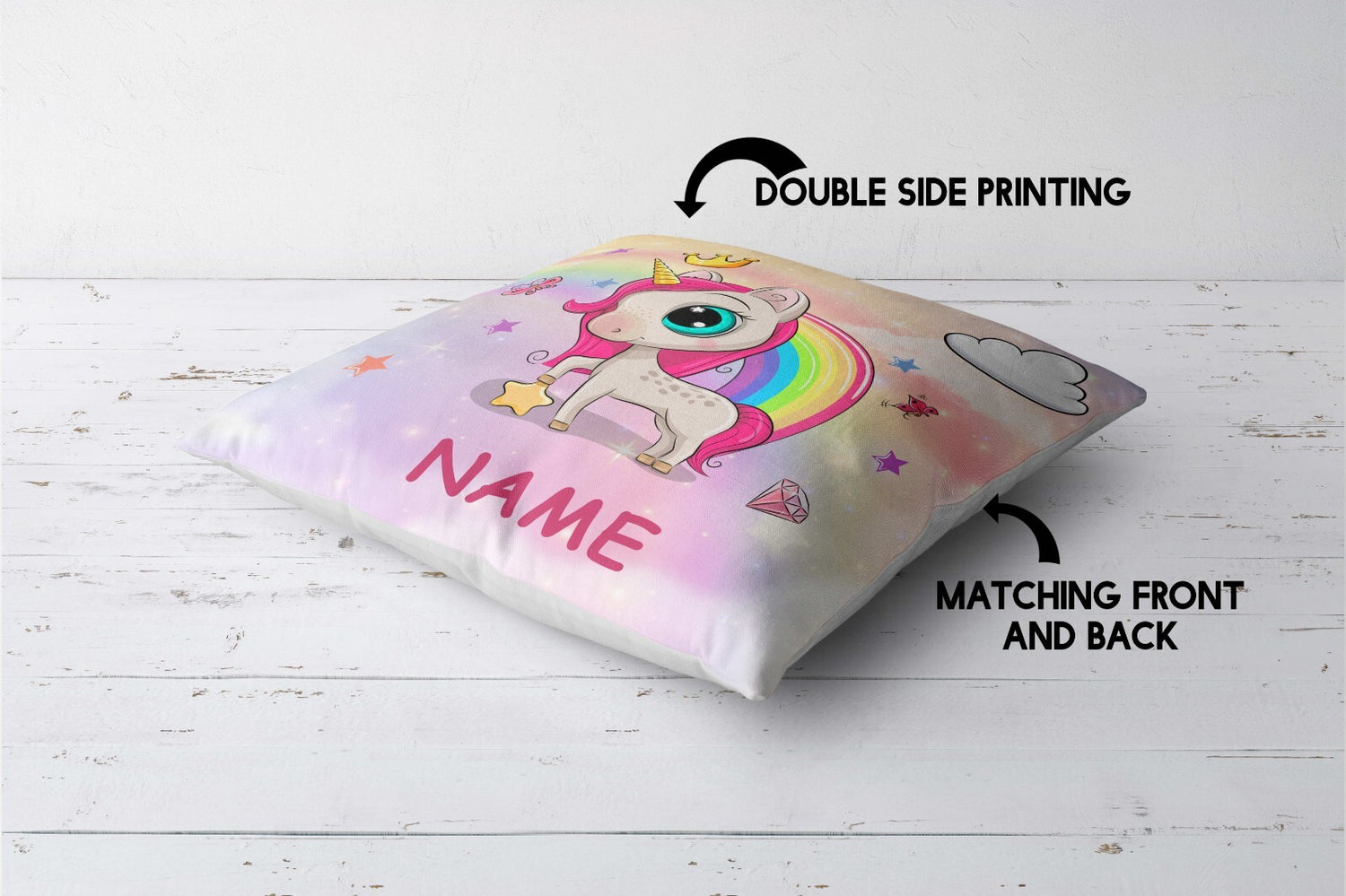 Personalised Name Unicorn Rainbow Mythical Kids Square Fill Zipped Cushion Throw