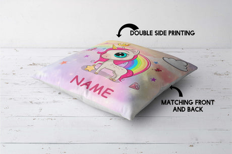 Personalised Name Unicorn Rainbow Mythical Kids Square Fill Zipped Cushion Throw