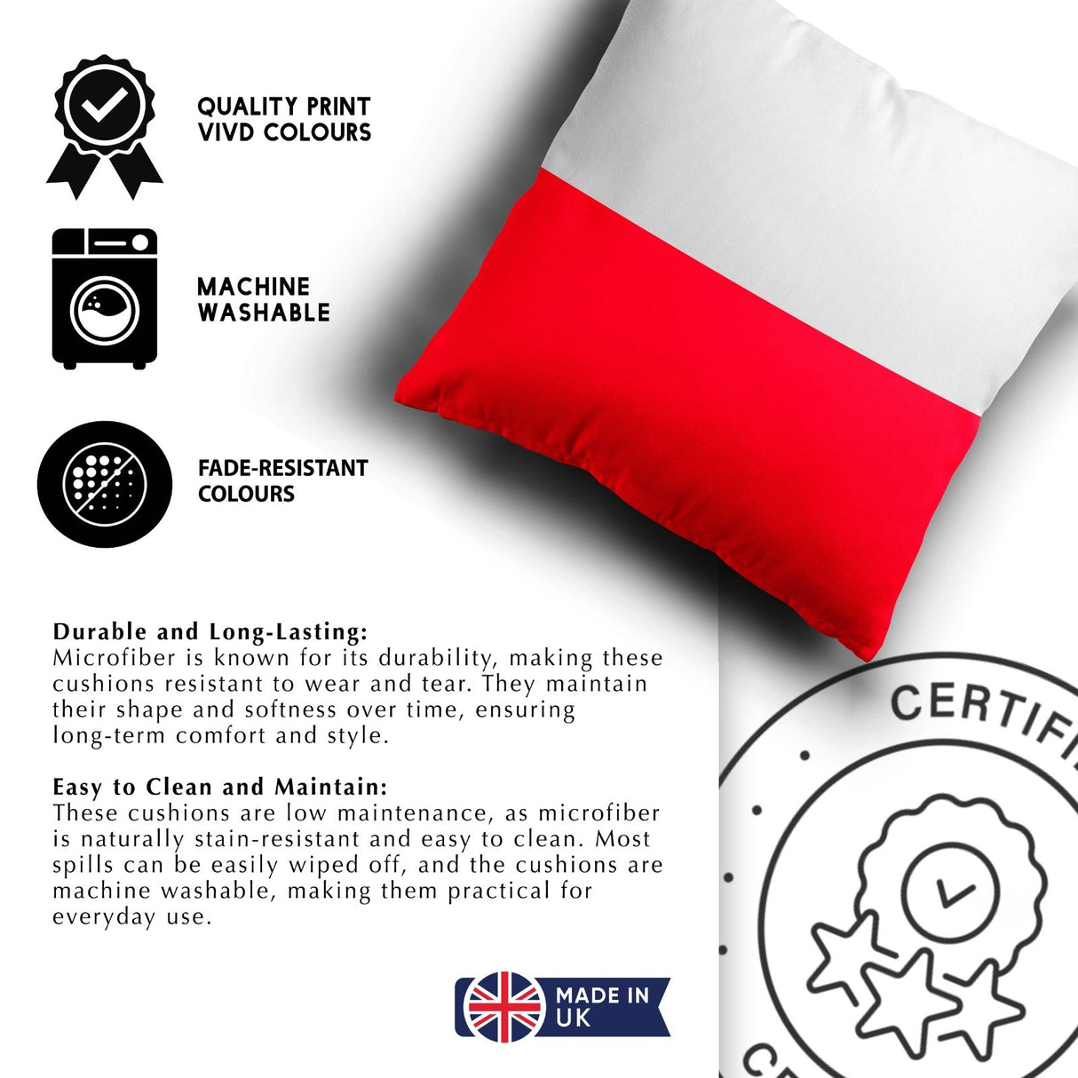 Poland Flag Polish Design Filled Square Cushion Decorative Throw Gift Soft Size