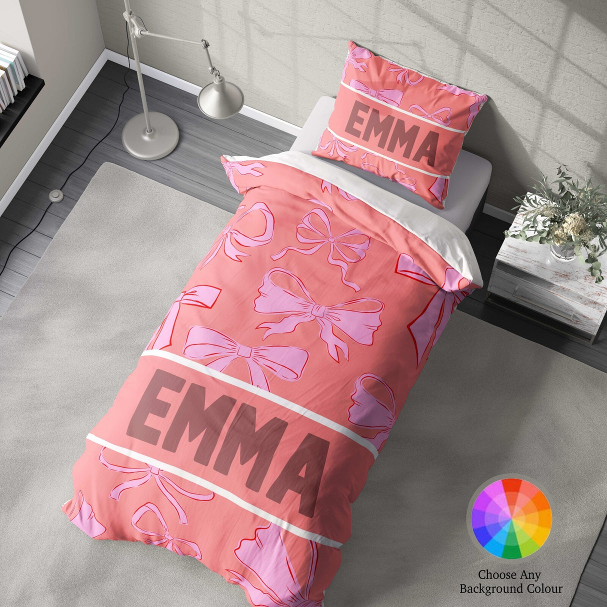 Personalised Name Coloured Pink Bows Printed Single Bed Duvet Cover + Pillowcase
