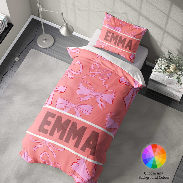 Personalised Name Coloured Pink Bows Printed Single Bed Duvet Cover + Pillowcase