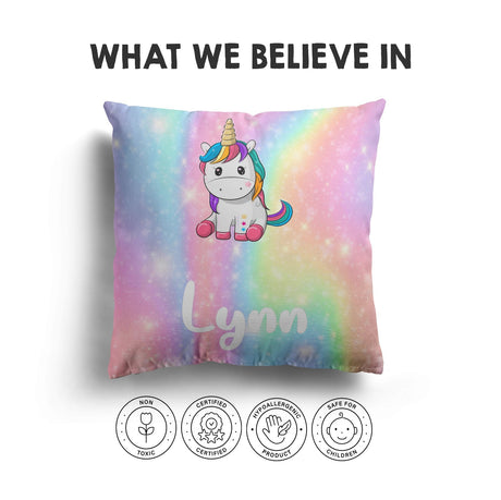 Personalised Custom Name Rainbow Unicorn Kids Novelty Square Fill Cushion Throw