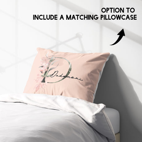 Personalised Name Botanical Blush Initial Single Bed Duvet Cover Pillowcase Set