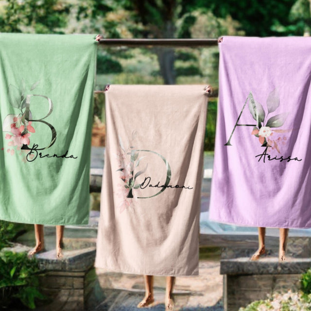 Personalised Name Botanical Blush Initial Soft Absorbent Beach Bath Sheet Towel