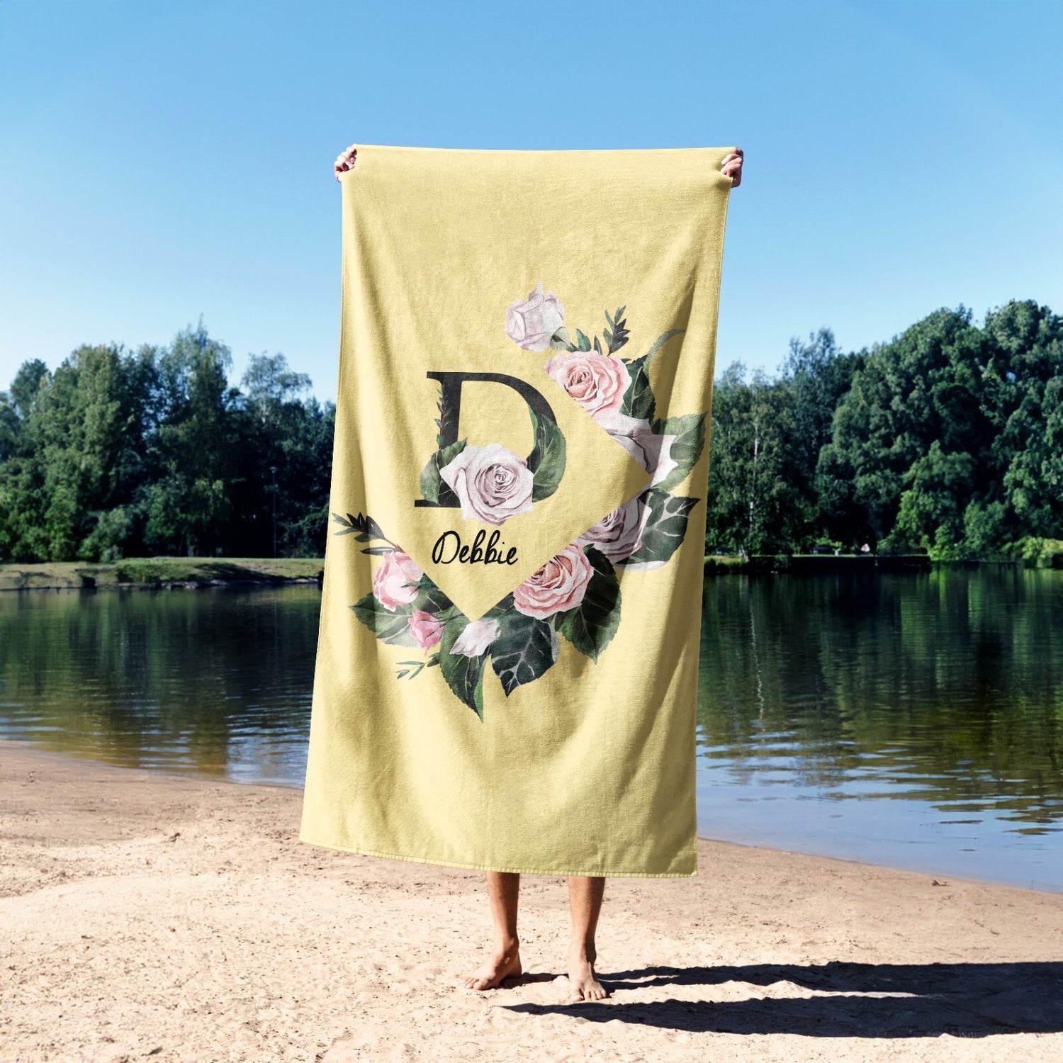 Personalised Name Botanical Floral Initial Soft Absorbent Beach Bath Sheet Towel