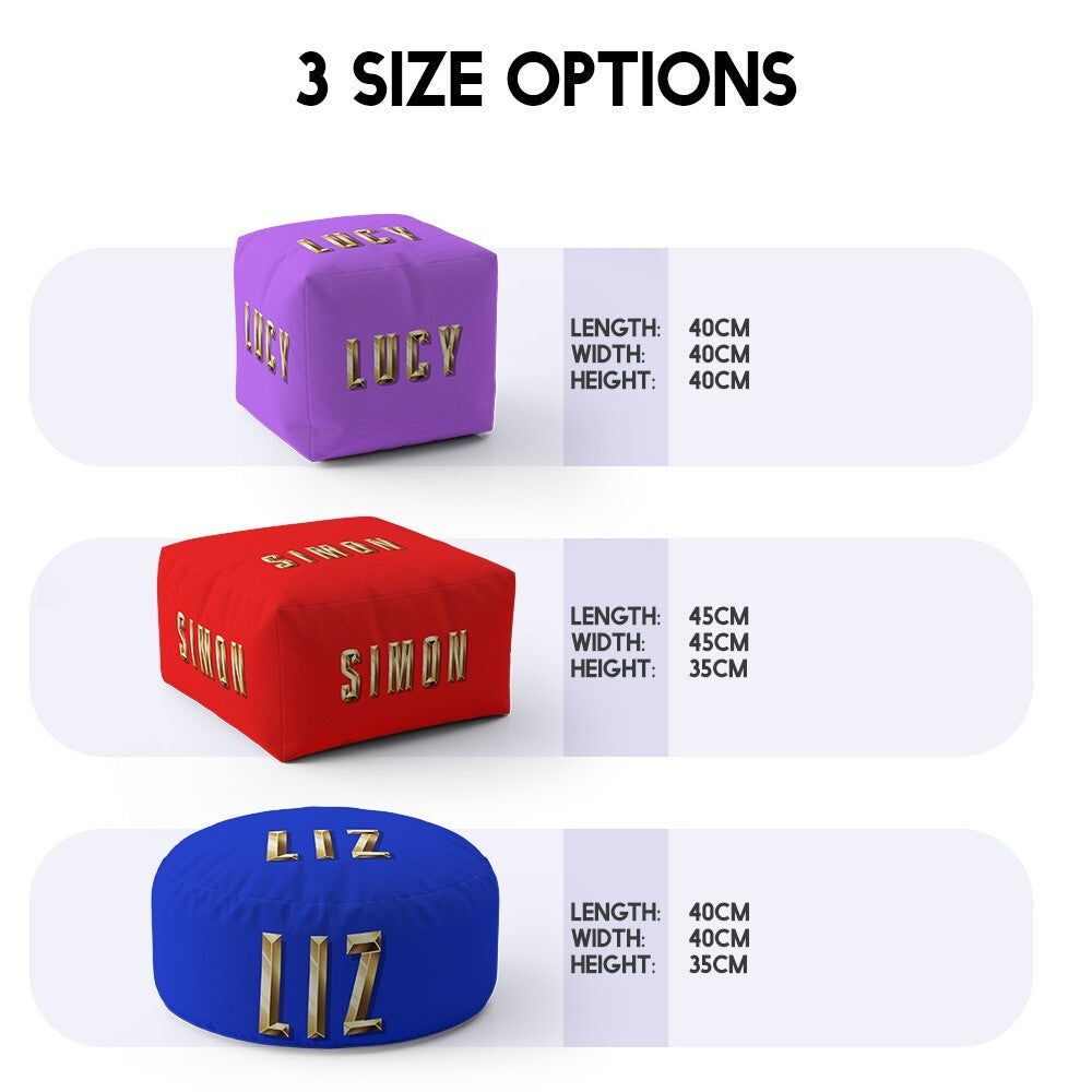 Personalised Name Gold Brick Letters Colour Ottoman Filled Pouffe Washable Cover