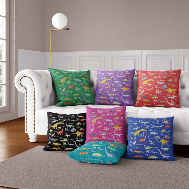 Dinosaur Alphabet Personalised Custom Colour Soft Square Filled Cushion Throw