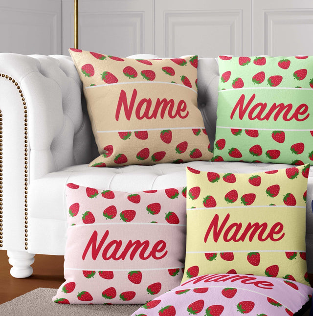 Personalised Custom Name Colour Strawberries Fruit Square Fill Zip Cushion Throw