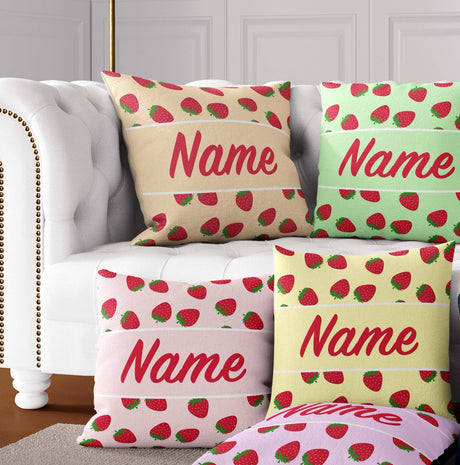Personalised Custom Name Colour Strawberries Fruit Square Fill Zip Cushion Throw