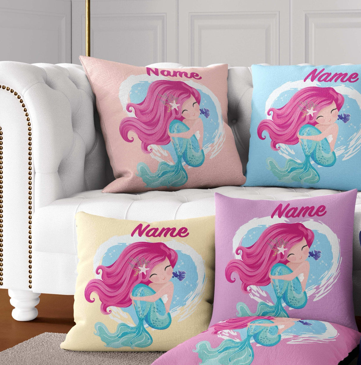 Personalised Custom Name Colour Mythical Mermaid Square Fill Zip Cushion Throw