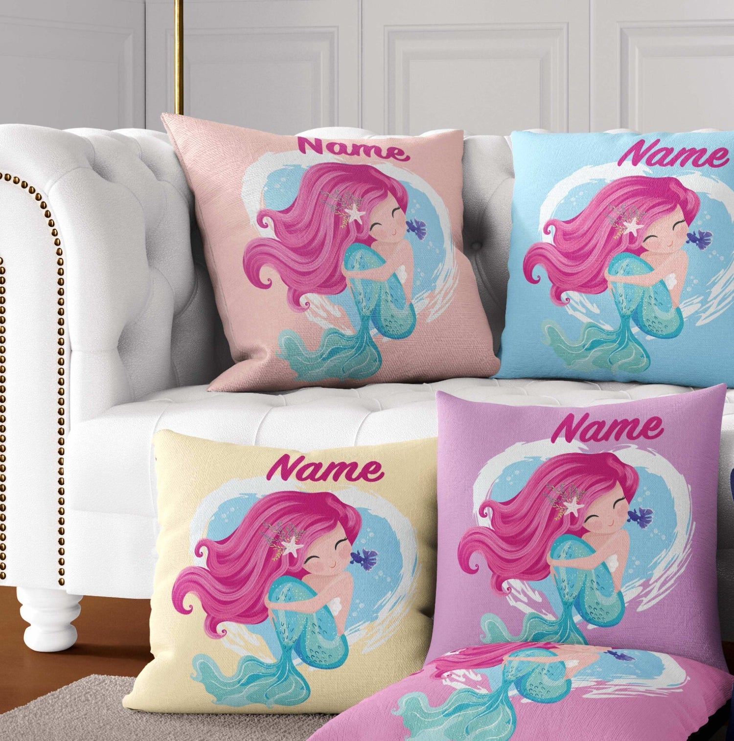 Personalised Custom Name Colour Mythical Mermaid Square Fill Zip Cushion Throw