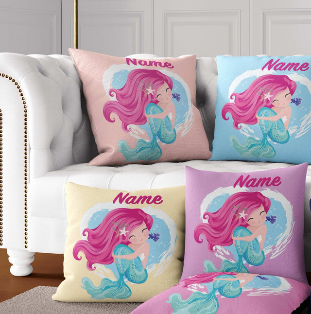 Personalised Custom Name Colour Mythical Mermaid Square Fill Zip Cushion Throw