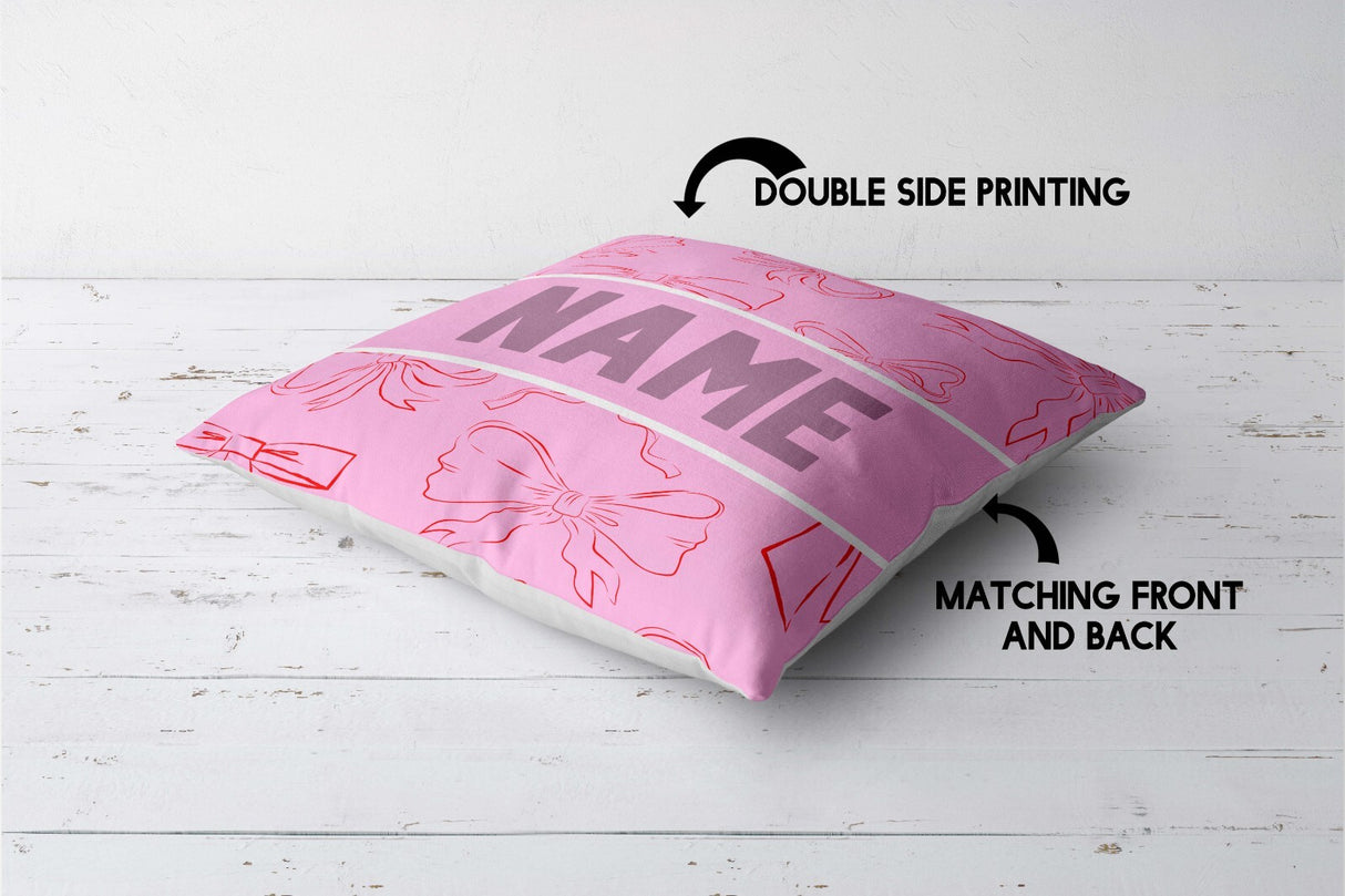 Personalised Name Coloured Pink Bows Printed Square Fillled Zipped Cushion Throw