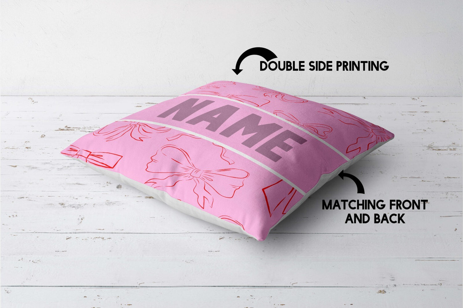 Personalised Name Coloured Pink Bows Printed Square Fillled Zipped Cushion Throw