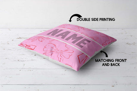 Personalised Name Coloured Pink Bows Printed Square Fillled Zipped Cushion Throw