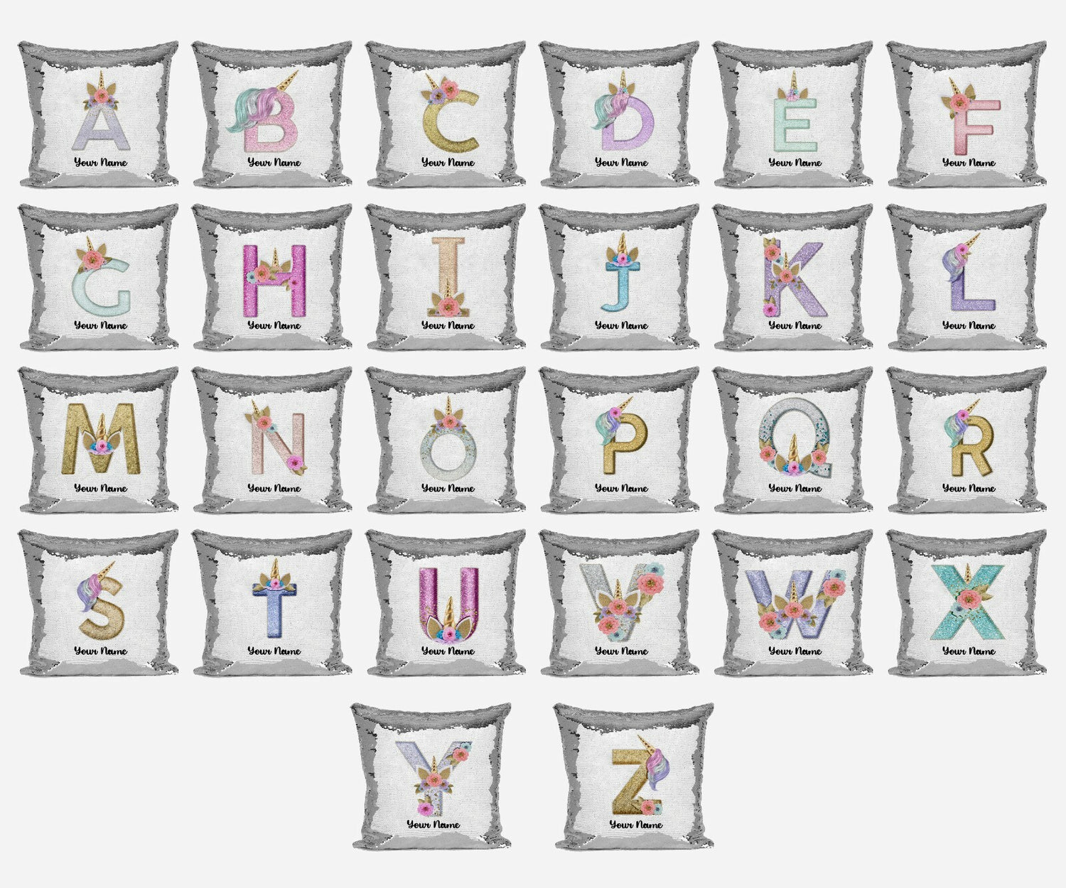 Personalised Unicorn Sparkly Monogram Alphabet Sequin Magic Cushion Cover+Pillow